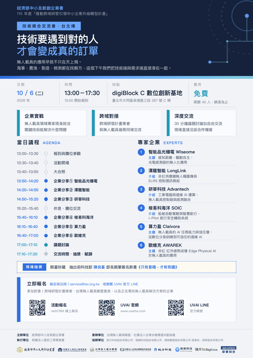技術要遇到對的人,才會變成真的訂單|
無人載具產業技術媒合交流會.台北場